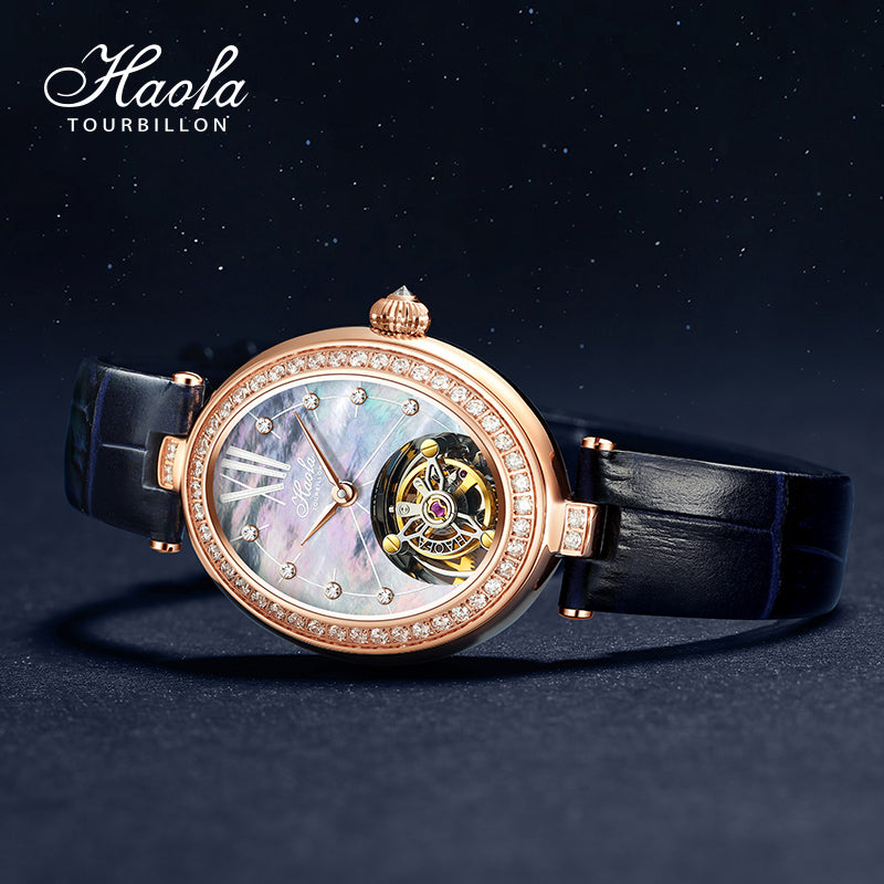 Haofa 2118 women lady Tourbillon watches Pearl dial mechanical watches Luxury Sapphire oval tourbillon movement