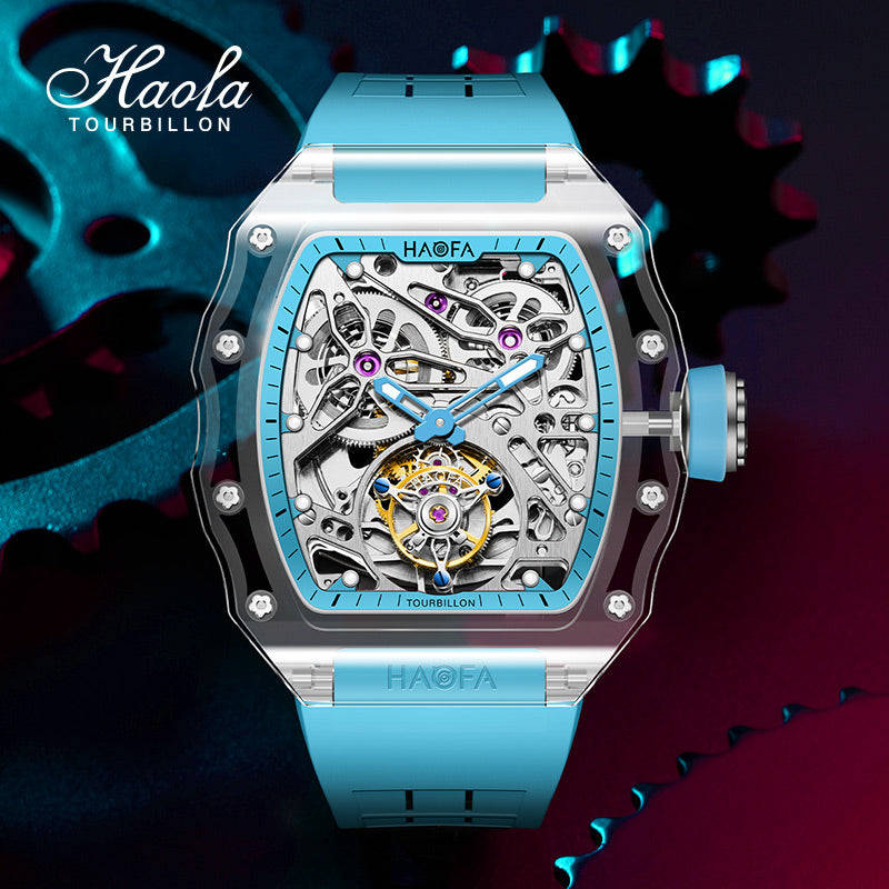 HAOFA High Hardness CRYSTAL CASE SKELETON Automatic TOURBILLON Double Barrel WATCH 2201