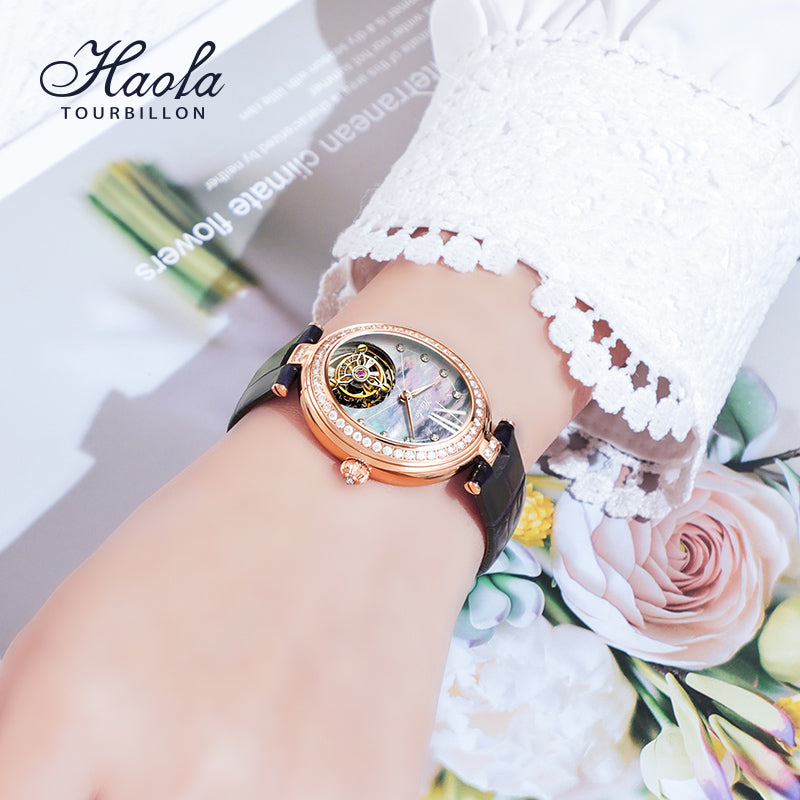 Haofa 2118 women lady Tourbillon watches Pearl dial mechanical watches Luxury Sapphire oval tourbillon movement