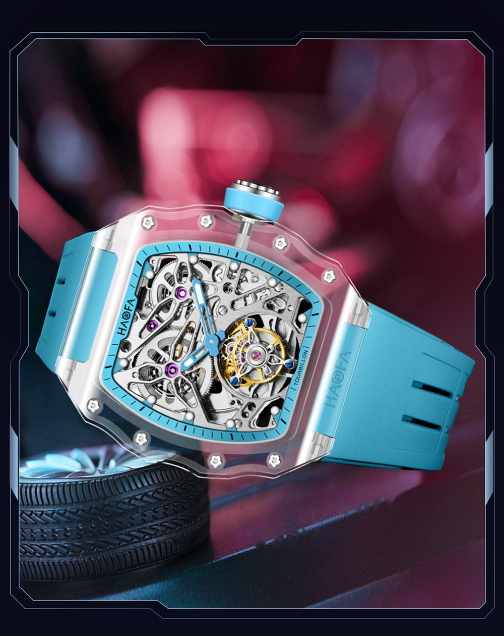 HAOFA High Hardness CRYSTAL CASE SKELETON Automatic TOURBILLON Double Barrel WATCH 2201