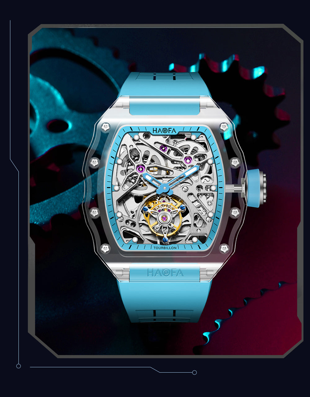 HAOFA High Hardness CRYSTAL CASE SKELETON Automatic TOURBILLON Double Barrel WATCH 2201