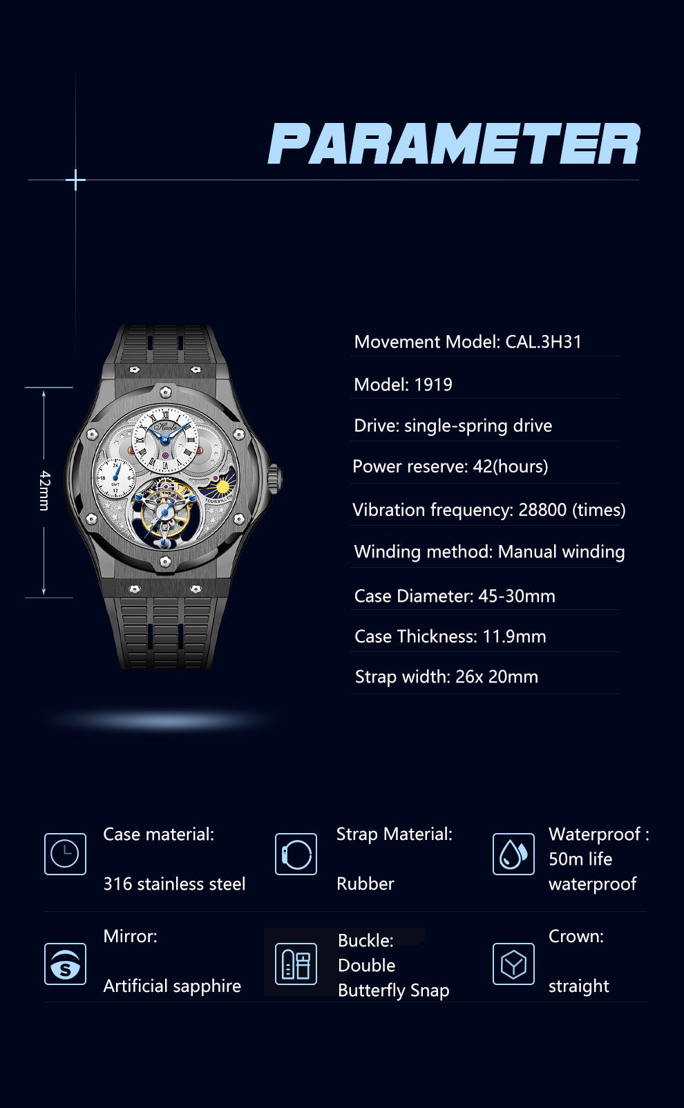 HAOFA GMT Flying Manual Tourbillon Sapphire Mirror Watches 1919