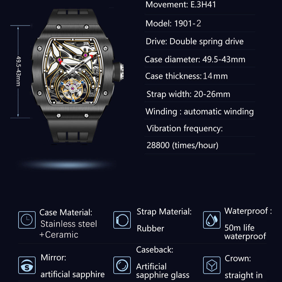 HAOFA Ceramics Bezel Automatic Tourbillon 1901-2 Double Spring Watch