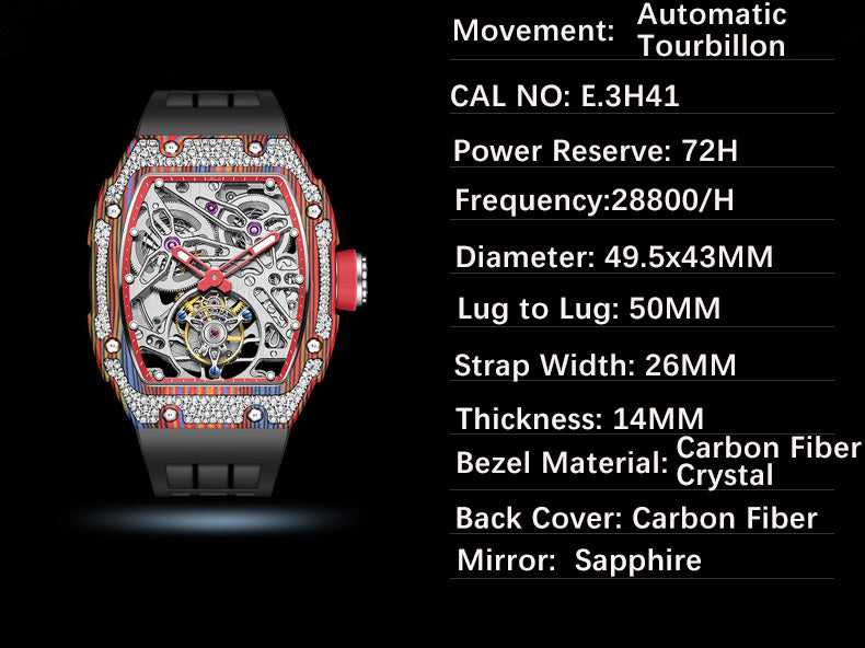 HAOFA Diamond Carbon Fiber Bezel Tourbillon Watch Twin-Spring Automatic Movement Watch 1901-3