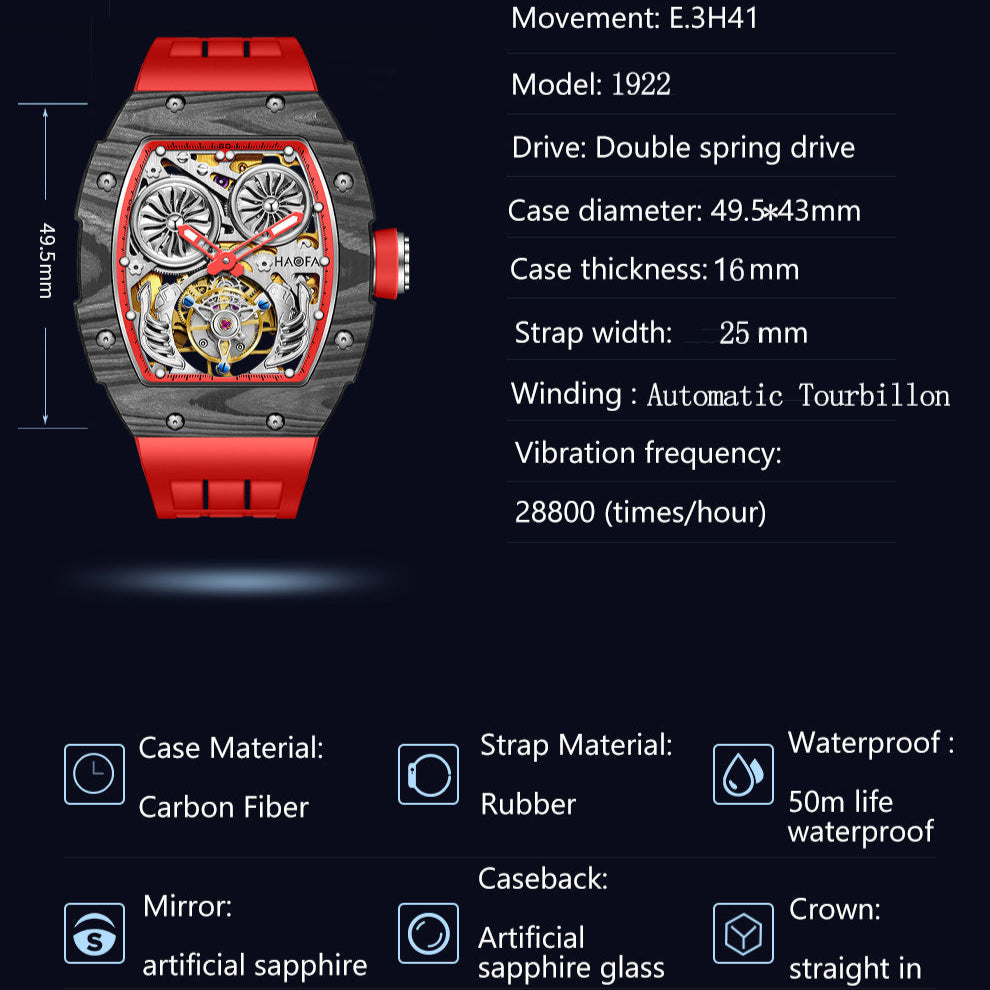 HAOFA Automatic Tourbillon Double Barrels Movement 72 Hours Power NTPT(carbon fiber)bezel Titanium Magnesium Case 1922