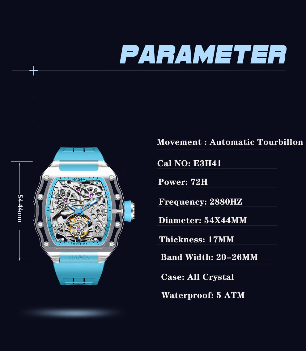 HAOFA High Hardness CRYSTAL CASE SKELETON Automatic TOURBILLON Double Barrel WATCH 2201