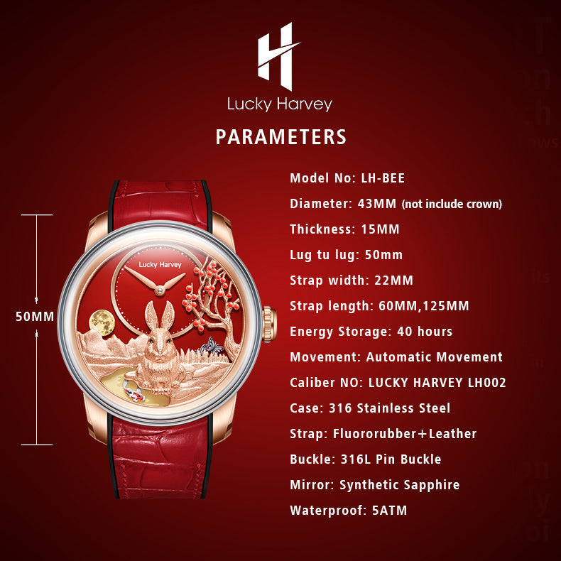 LUCKY HARVEY Rabbit Automatic Watch Round Shaped Case Luminous Limited Edition 588PCS