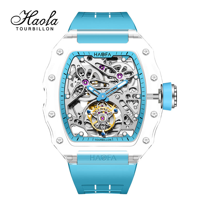 HAOFA High Hardness CRYSTAL CASE SKELETON Automatic TOURBILLON Double Barrel WATCH 2201