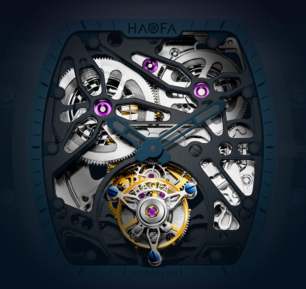 HAOFA High Hardness CRYSTAL CASE SKELETON Automatic TOURBILLON Double Barrel WATCH 2201