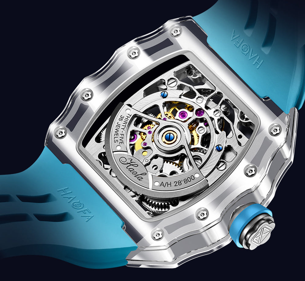 HAOFA High Hardness CRYSTAL CASE SKELETON Automatic TOURBILLON Double Barrel WATCH 2201