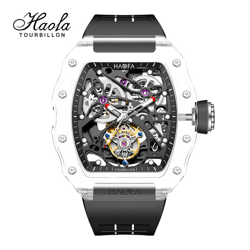 HAOFA High Hardness CRYSTAL CASE SKELETON Automatic TOURBILLON Double Barrel WATCH 2201