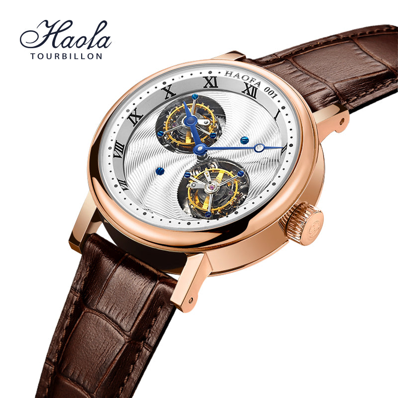 Hoafa Luxury Double Tourbillon And One Carrousel Flywheel Tourbillon Mechanical Watch For Men Sapphire 18K Real Gold Mens Watch Limited Edition