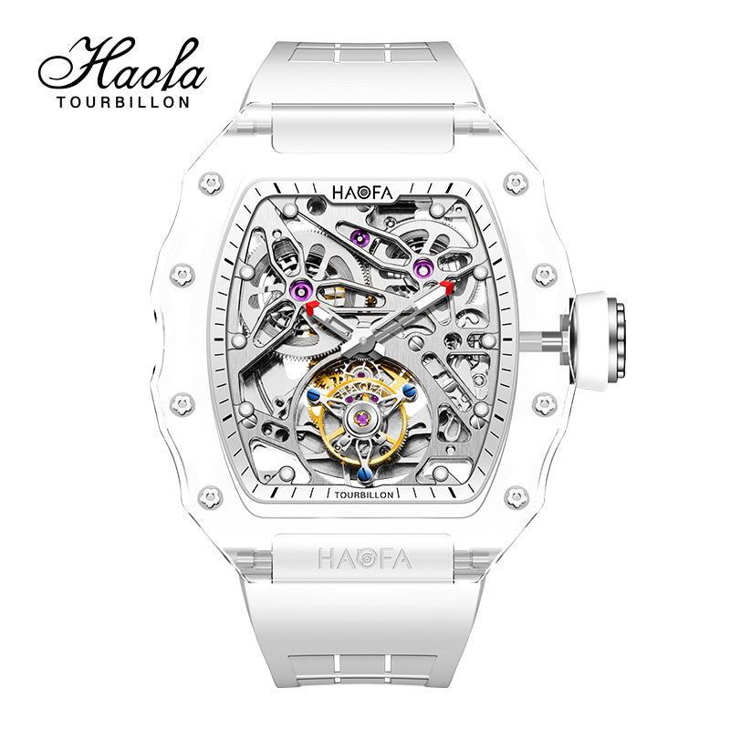 HAOFA High Hardness CRYSTAL CASE SKELETON Automatic TOURBILLON Double Barrel WATCH 2201