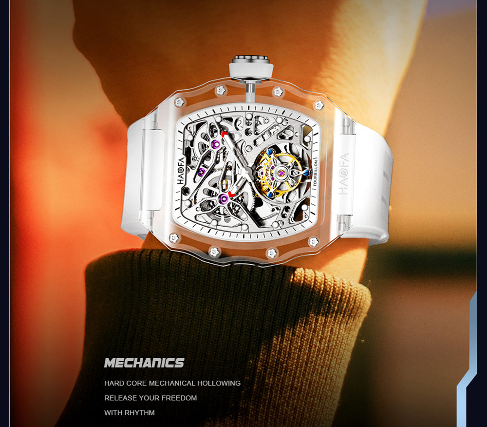 HAOFA High Hardness CRYSTAL CASE SKELETON Automatic TOURBILLON Double Barrel WATCH 2201