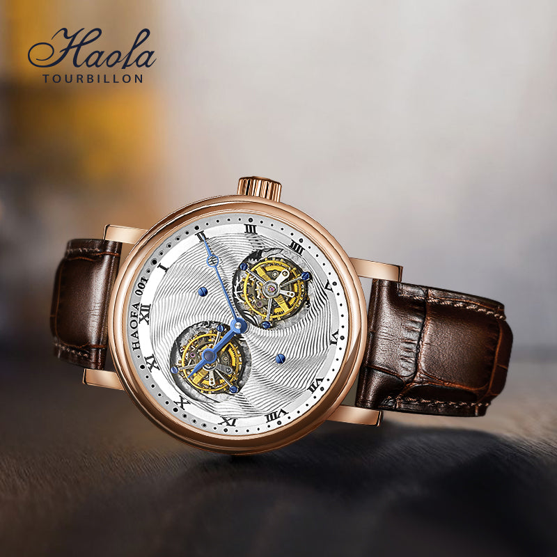 Hoafa Luxury Double Tourbillon And One Carrousel Flywheel Tourbillon Mechanical Watch For Men Sapphire 18K Real Gold Mens Watch Limited Edition