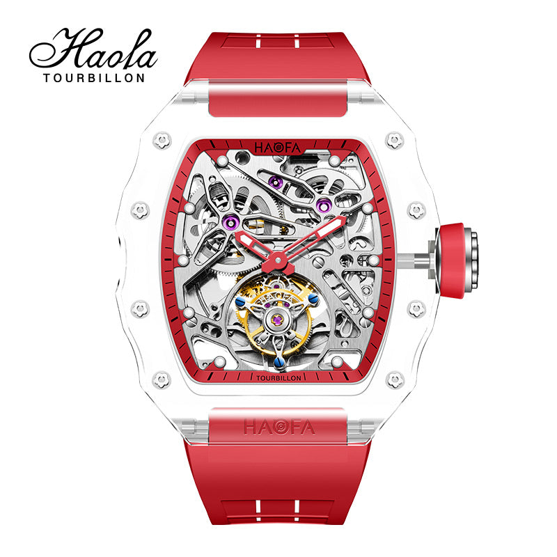 HAOFA High Hardness CRYSTAL CASE SKELETON Automatic TOURBILLON Double Barrel WATCH 2201