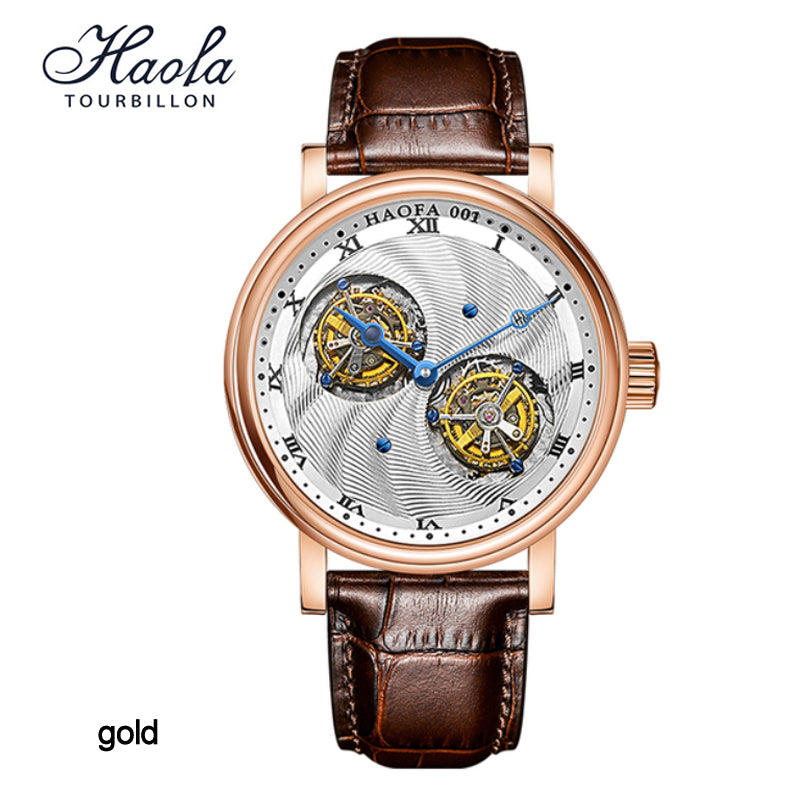 Hoafa Luxury Double Tourbillon And One Carrousel Flywheel Tourbillon Mechanical Watch For Men Sapphire 18K Real Gold Mens Watch Limited Edition