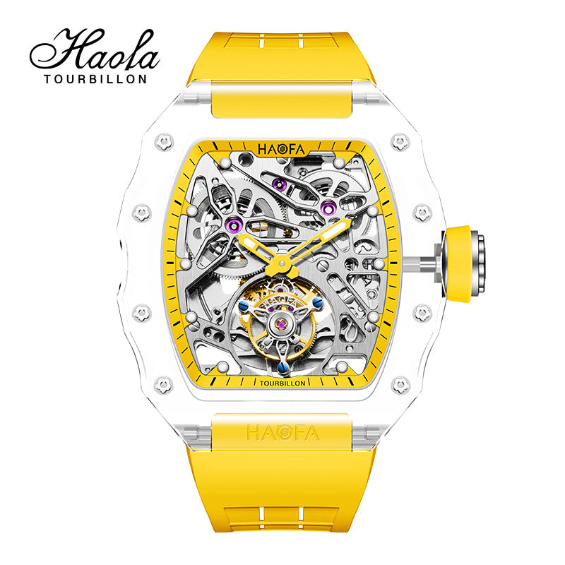 HAOFA High Hardness CRYSTAL CASE SKELETON Automatic TOURBILLON Double Barrel WATCH 2201