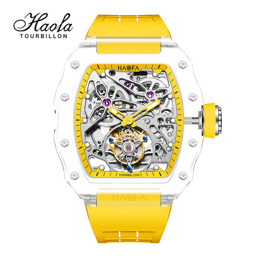 HAOFA High Hardness CRYSTAL CASE SKELETON Automatic TOURBILLON Double Barrel WATCH 2201