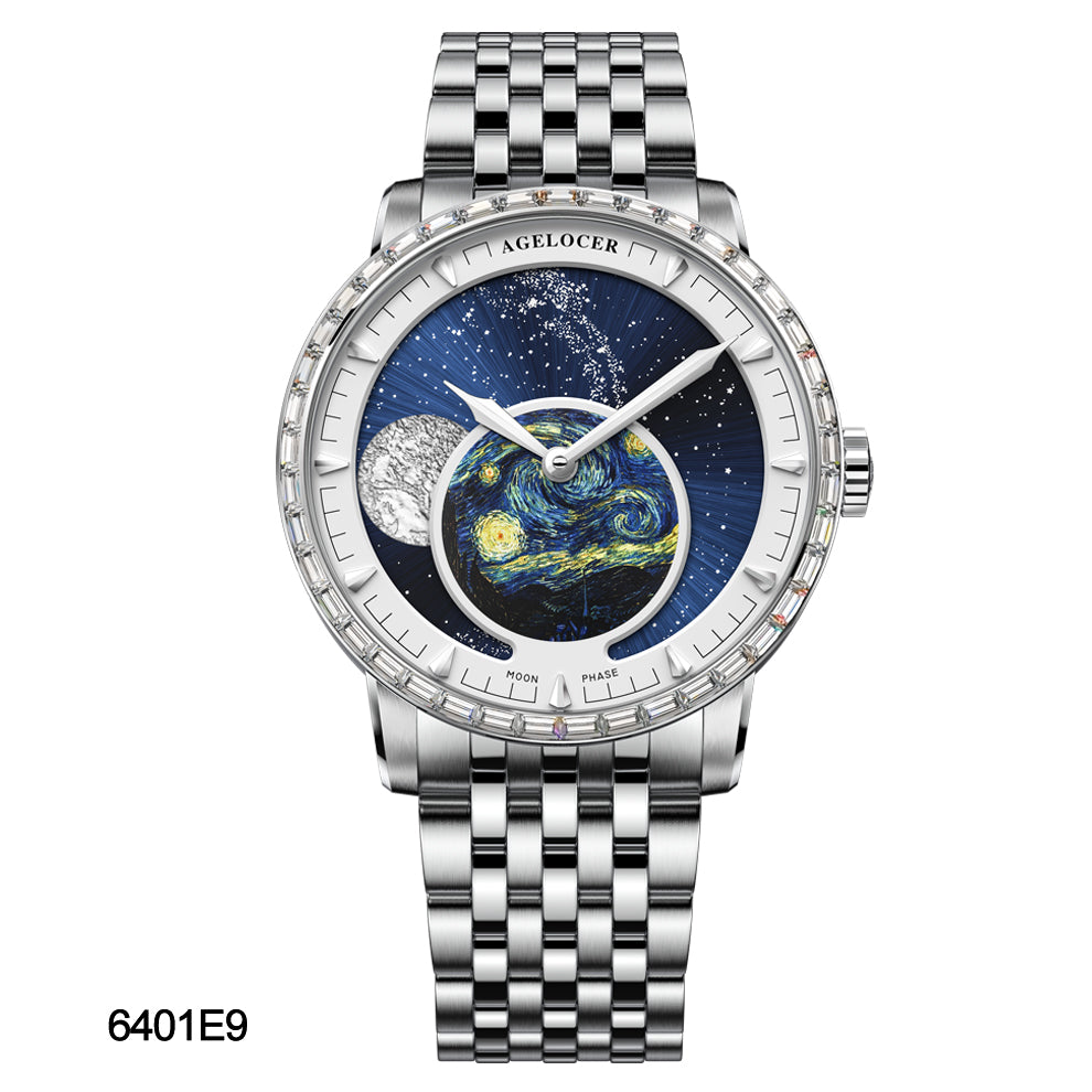 Automatic Moon Phase Watch Van Gogh Oil Painting Dial 6401