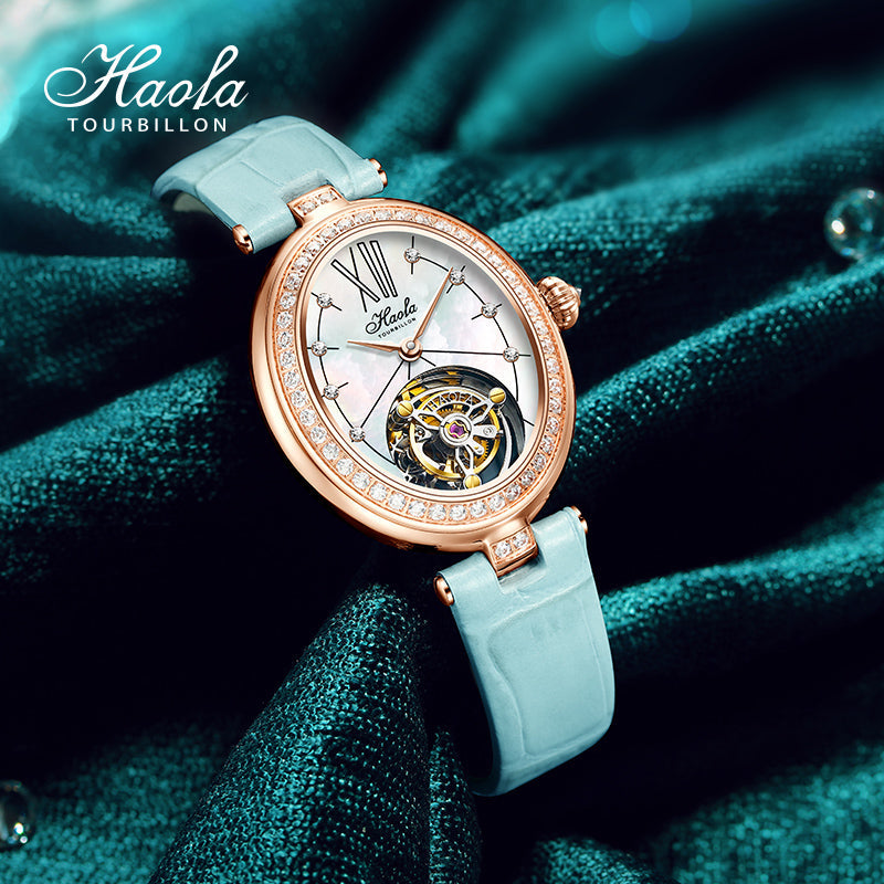 Haofa 2118 women lady Tourbillon watches Pearl dial mechanical watches Luxury Sapphire oval tourbillon movement