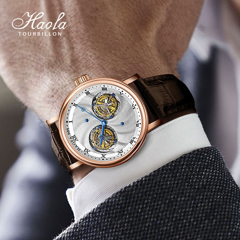 Hoafa Luxury Double Tourbillon And One Carrousel Flywheel Tourbillon Mechanical Watch For Men Sapphire 18K Real Gold Mens Watch Limited Edition