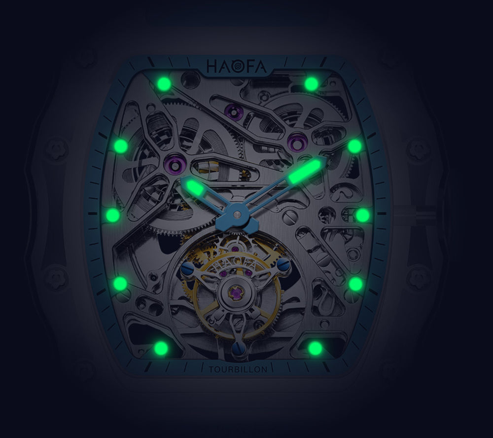 HAOFA High Hardness CRYSTAL CASE SKELETON Automatic TOURBILLON Double Barrel WATCH 2201