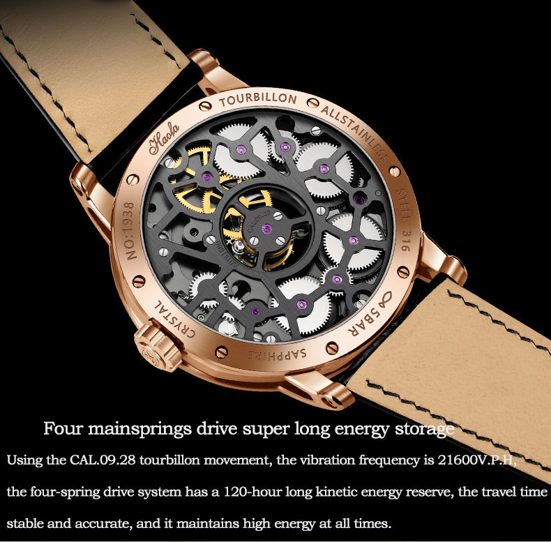 HAOFA 1938 Center Tourbillon Watch for Men 4 Barrel Tourbillon, 120 Hours Power Skeleton Mechanical Watch