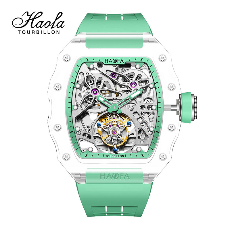 HAOFA High Hardness CRYSTAL CASE SKELETON Automatic TOURBILLON Double Barrel WATCH 2201