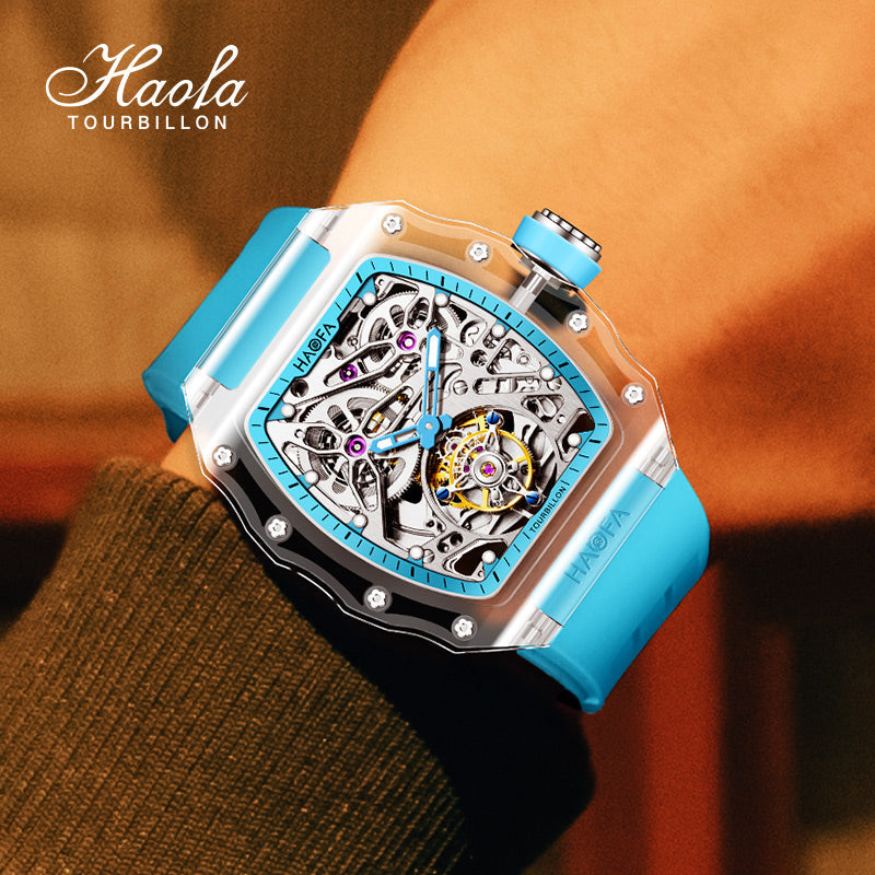 HAOFA High Hardness CRYSTAL CASE SKELETON Automatic TOURBILLON Double Barrel WATCH 2201