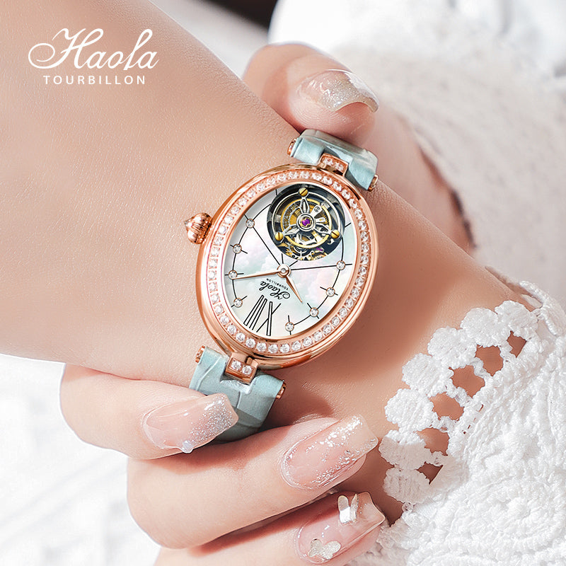 Haofa 2118 women lady Tourbillon watches Pearl dial mechanical watches Luxury Sapphire oval tourbillon movement