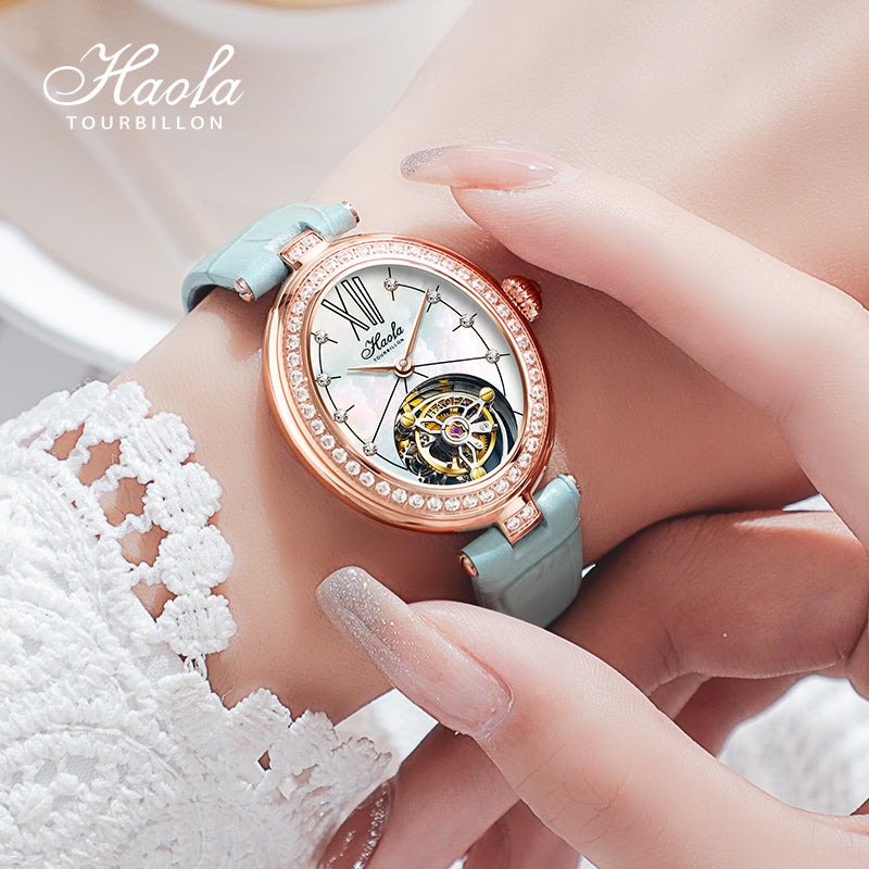 Haofa 2118 women lady Tourbillon watches Pearl dial mechanical watches Luxury Sapphire oval tourbillon movement