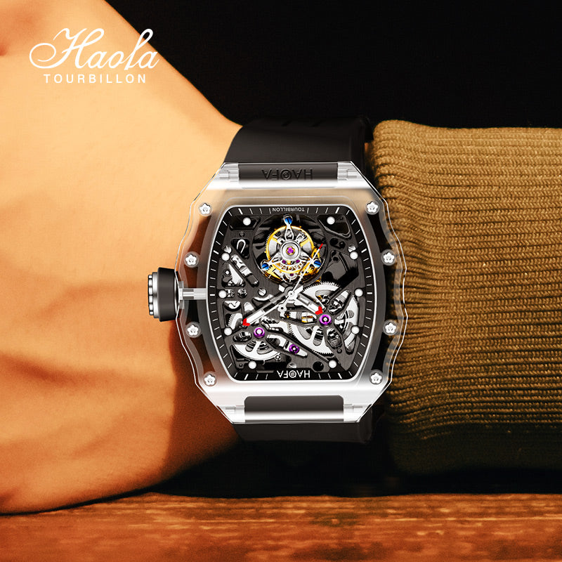 HAOFA High Hardness CRYSTAL CASE SKELETON Automatic TOURBILLON Double Barrel WATCH 2201