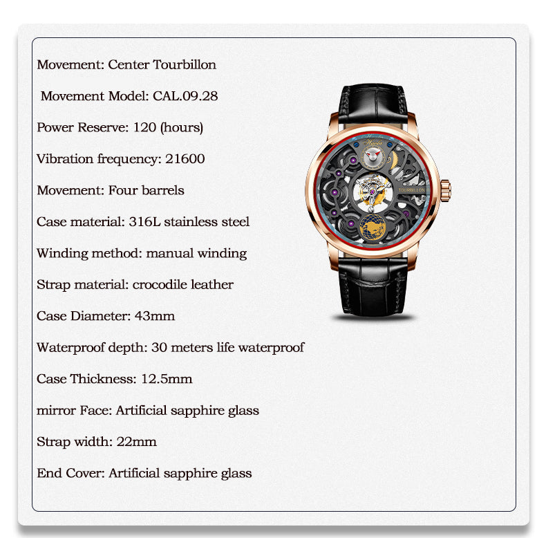 HAOFA 1938 Center Tourbillon Watch for Men 4 Barrel Tourbillon, 120 Hours Power Skeleton Mechanical Watch