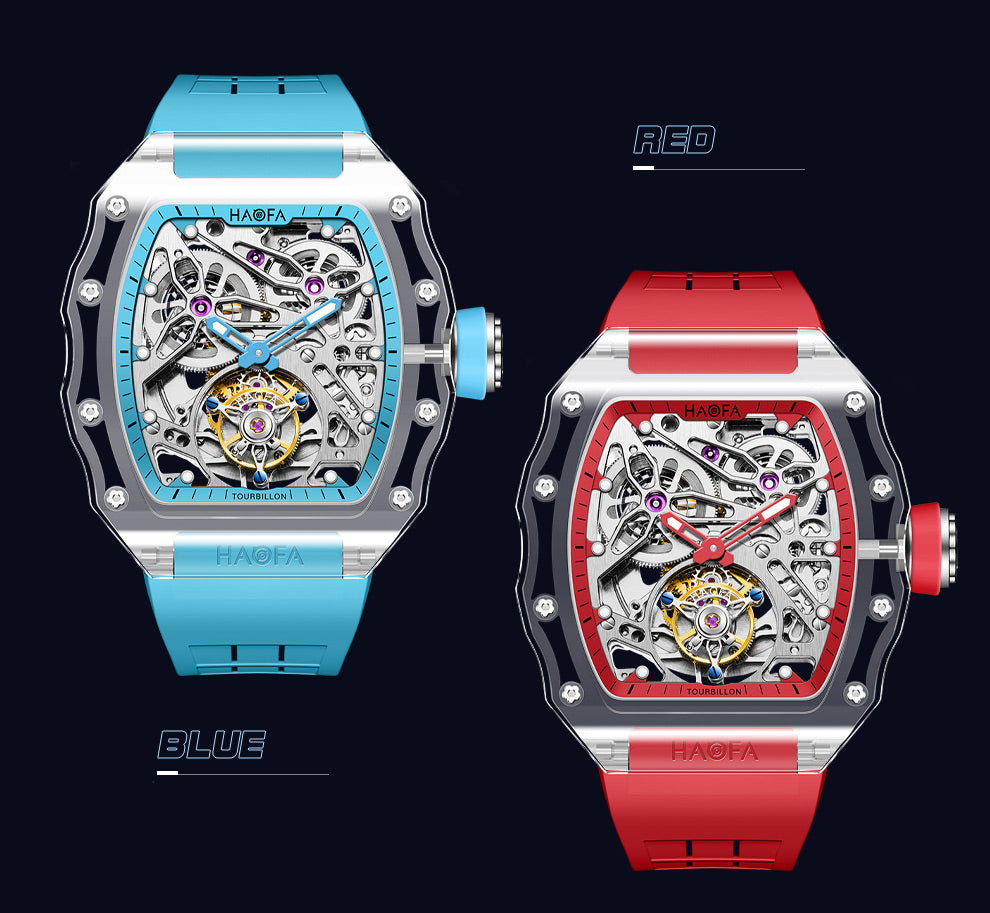 HAOFA High Hardness CRYSTAL CASE SKELETON Automatic TOURBILLON Double Barrel WATCH 2201
