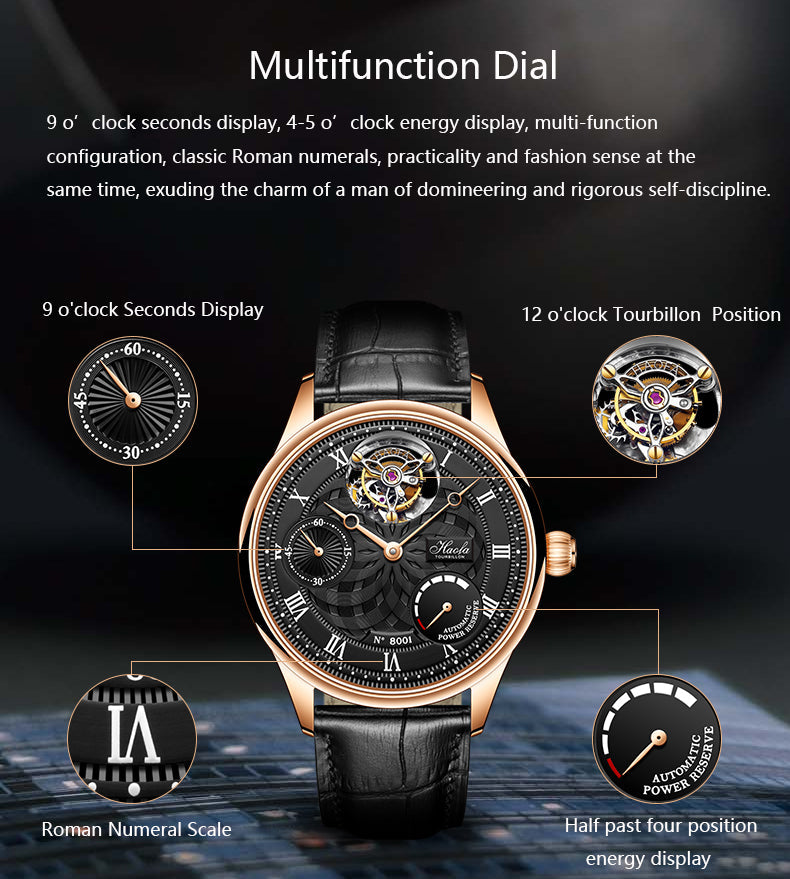 HAOFA 12'Clock Power Reserve Display Automatic Tourbillon Watch