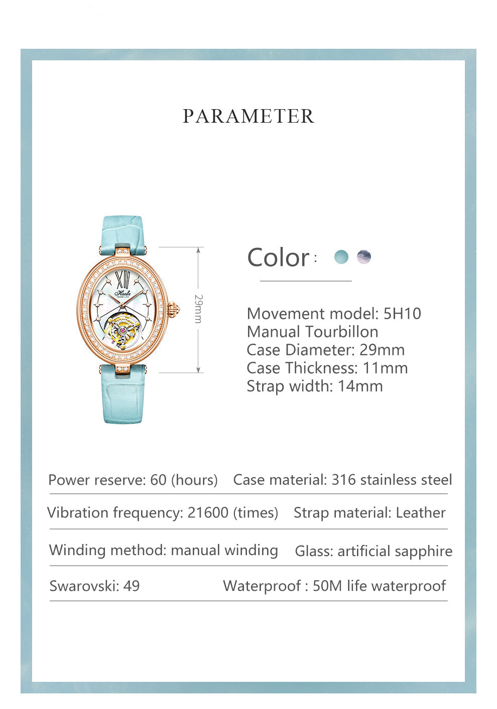 Haofa 2118 women lady Tourbillon watches Pearl dial mechanical watches Luxury Sapphire oval tourbillon movement