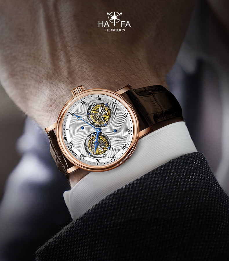 Hoafa Luxury Double Tourbillon And One Carrousel Flywheel Tourbillon Mechanical Watch For Men Sapphire 18K Real Gold Mens Watch Limited Edition