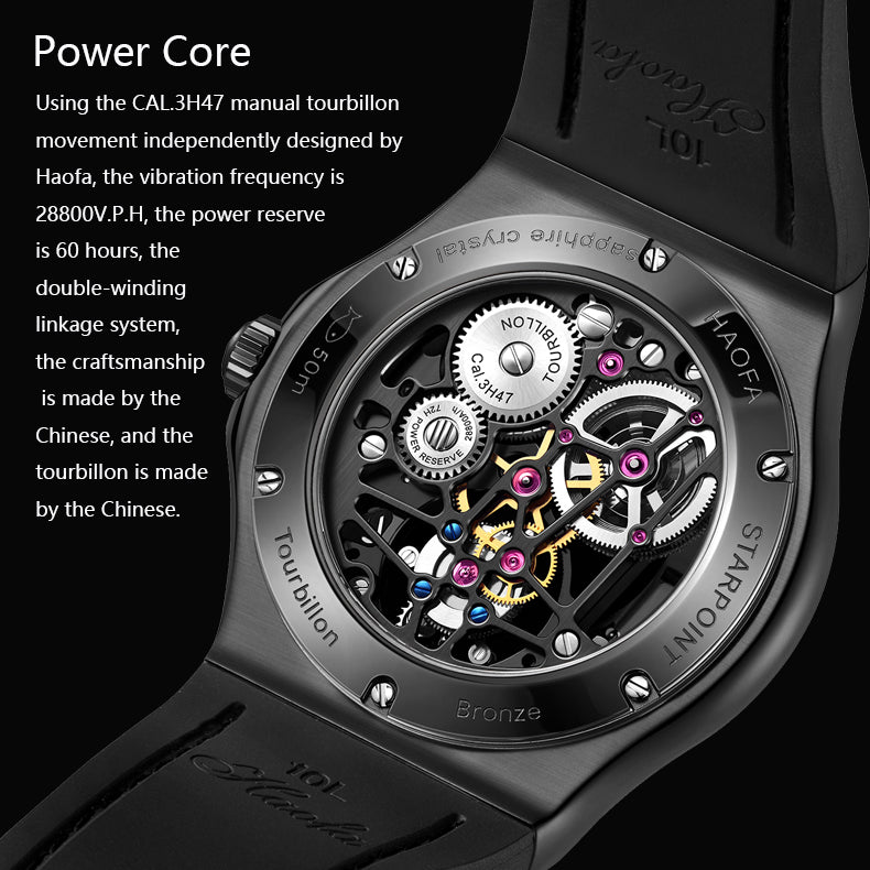 HAOFA Double Barrel Tourbillon 1917 Watch 72 Hours Power Convex Sapphire Mirror