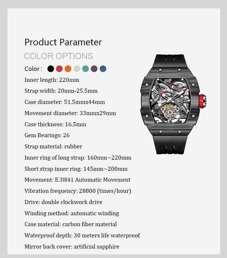 HAOFA Carbon Fiber Automatic Tourbillon Watch for Men Double Spring 1901-1 Skeleton