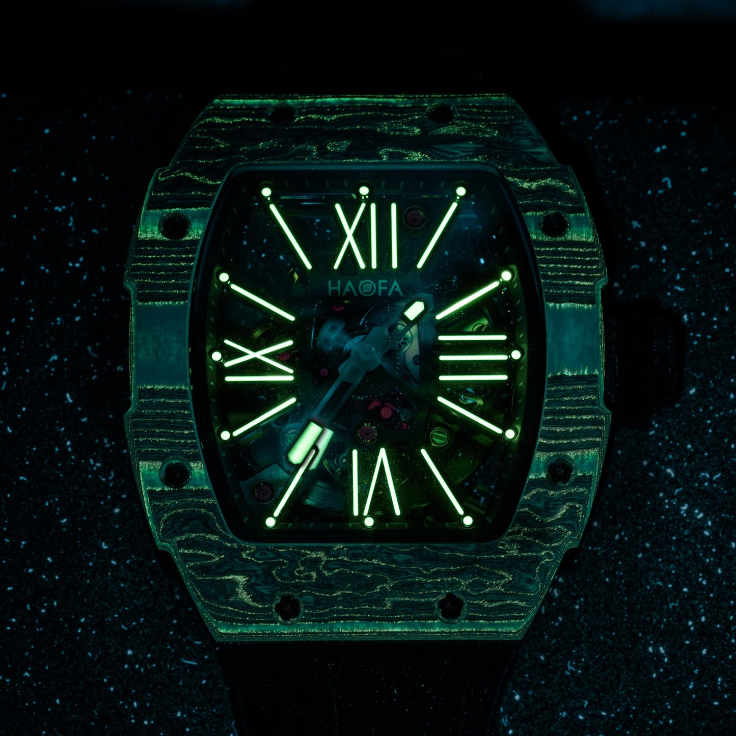 Haofa 1976 Carbon Fiber Bezel Skeleton Movement Watches for Men Luminous Automatic Mechanical Wristwatch