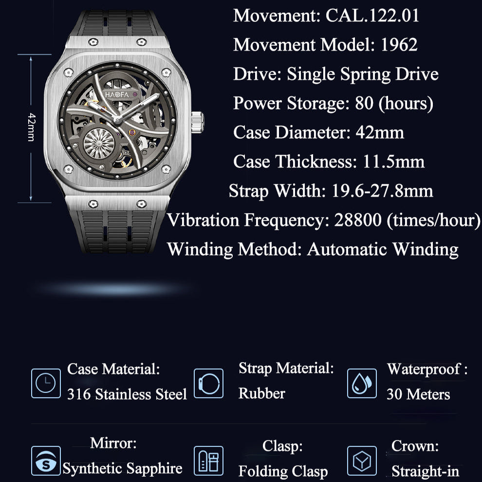 Haofa Square Automatic Mechanical Watches for Men Skeleton Luminous Sapphire 1962