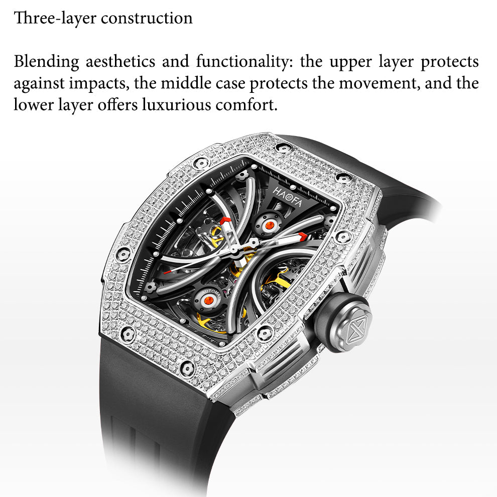 Haofa 1909S Men‘s Automatic Winding Watches Full Diamond Stainless Steel Case