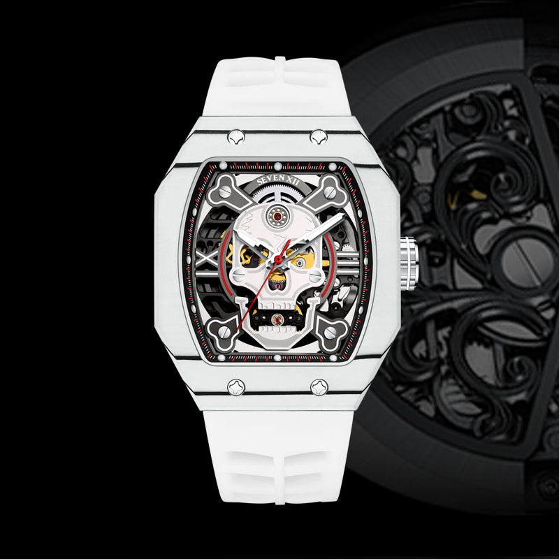 SEVEN XII Mens Watch Skull Skeleton Dial 70 Hour Power Reserve Carbon Fiber Sapphire Luminous S001