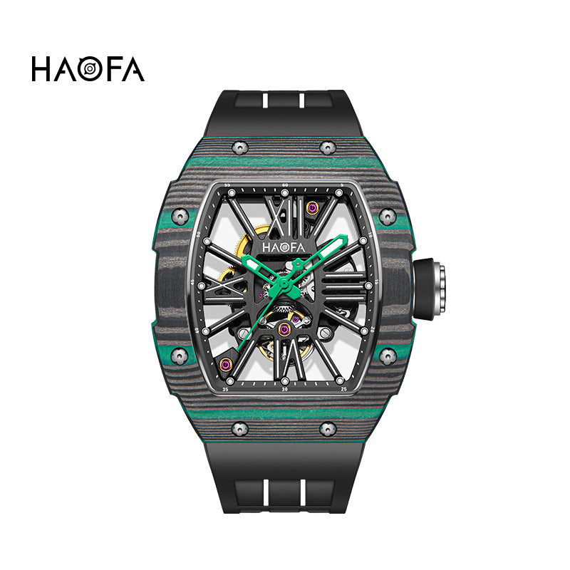 Haofa 1976 Carbon Fiber Bezel Skeleton Movement Watches for Men Luminous Automatic Mechanical Wristwatch