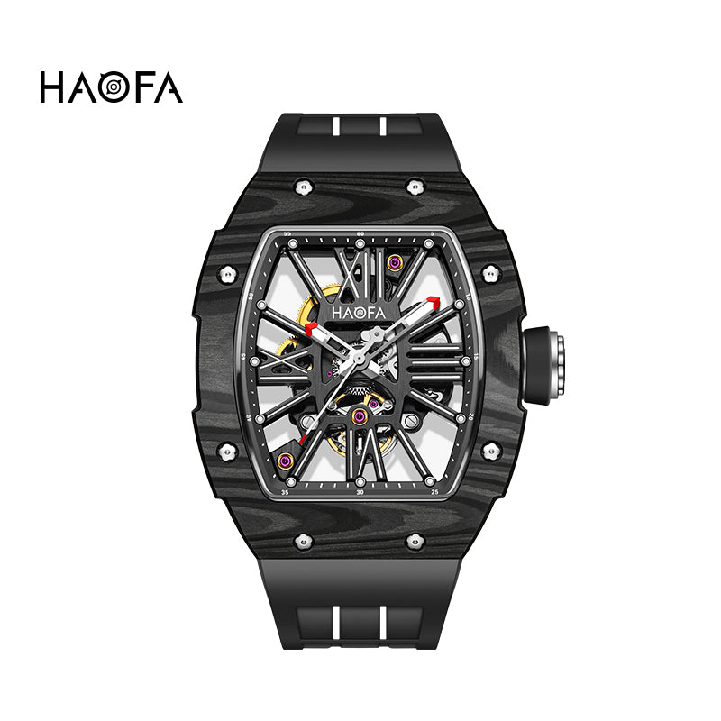 Haofa 1976 Carbon Fiber Bezel Skeleton Movement Watches for Men Luminous Automatic Mechanical Wristwatch