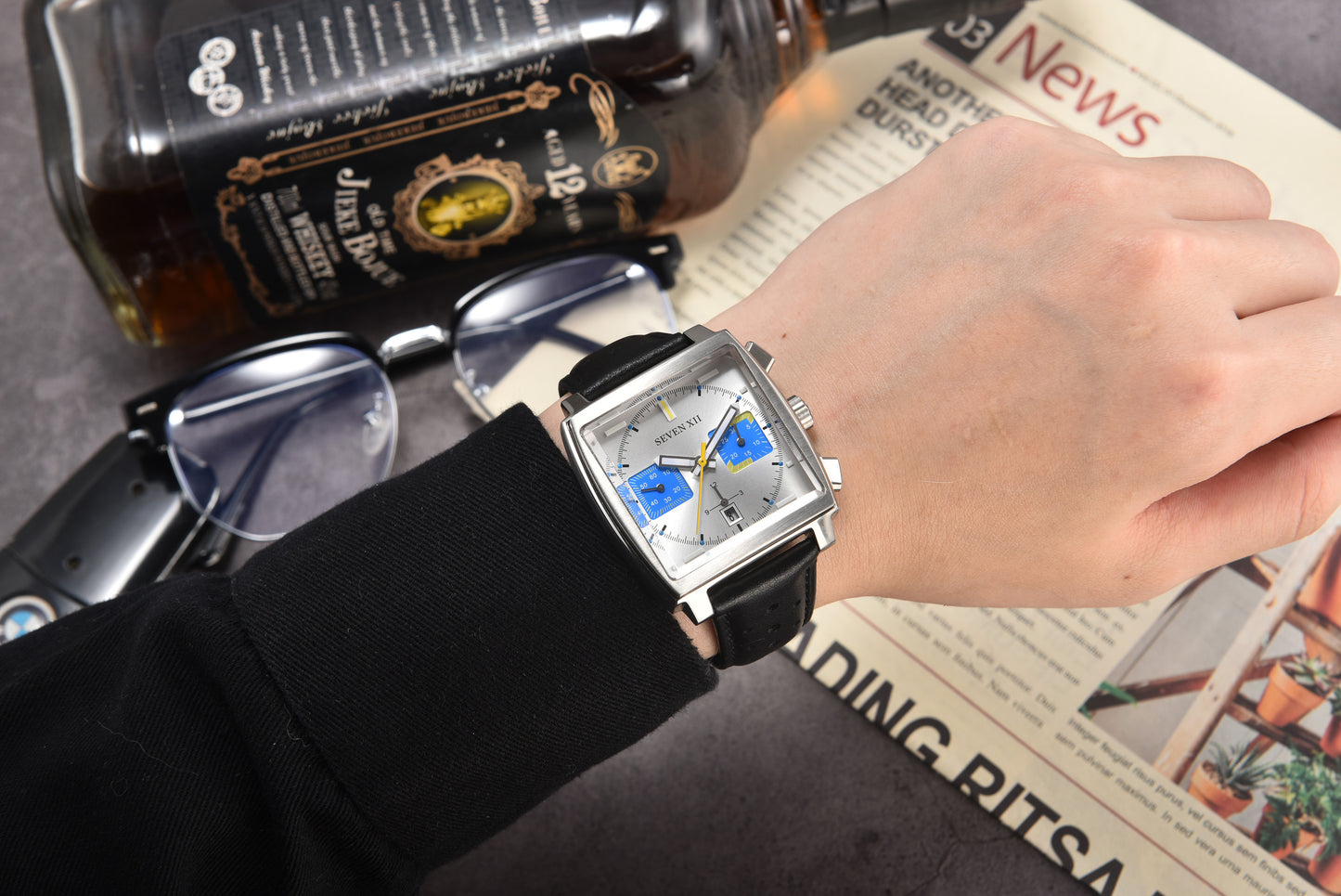 SEVEN Square Chronograph Watch for Men Sapphire Crystal Waterproof Automatic Wristwatch