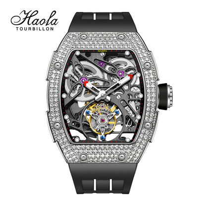 HAOFA 1901-1S Diamond Bezel Tourbillon Watch Double Spring 72-Hour Power Skeleton Automatic Watch