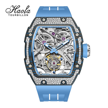 HAOFA Diamond Carbon Fiber Bezel Tourbillon Watch Twin-Spring Automatic Movement Watch 1901-3