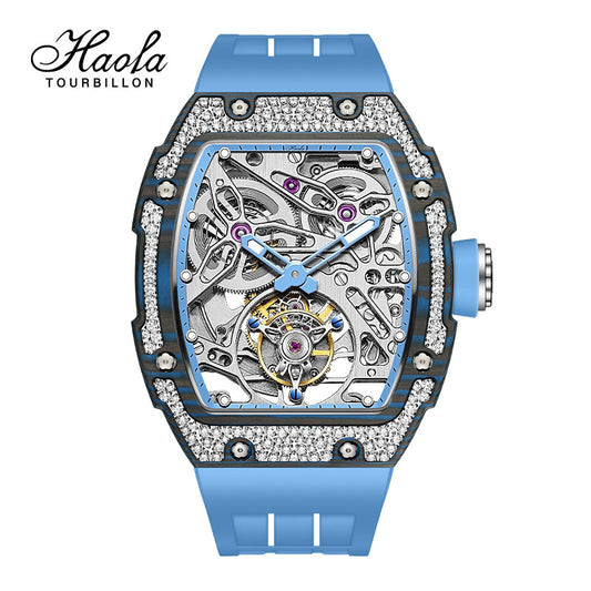 HAOFA Diamond Carbon Fiber Bezel Tourbillon Watch Twin-Spring Automatic Movement Watch 1901-3